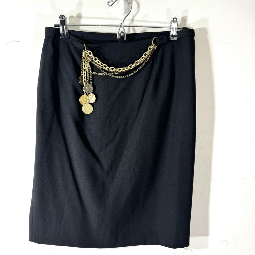 W Worth Black Wool Pencil Skirt with Gold Chain Belt Sz 4